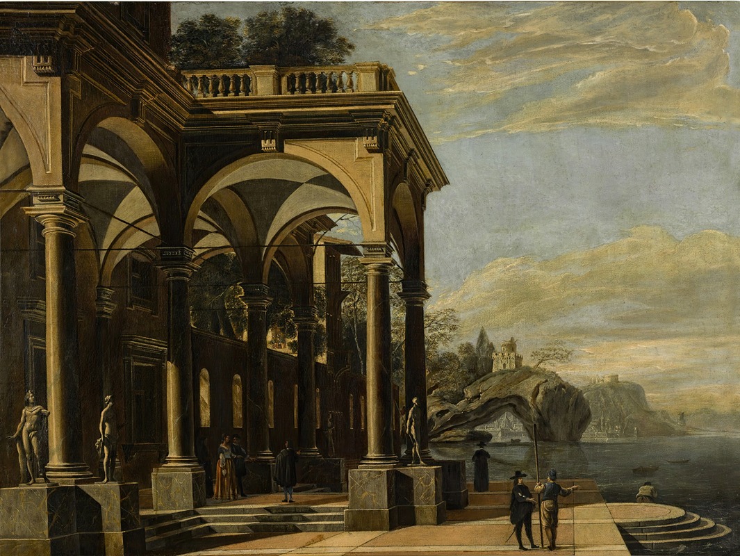 Viviano Codazzi - An architectural capriccio with figures by a colonnaded portico, a castle on a sea arch and coastal village beyond
