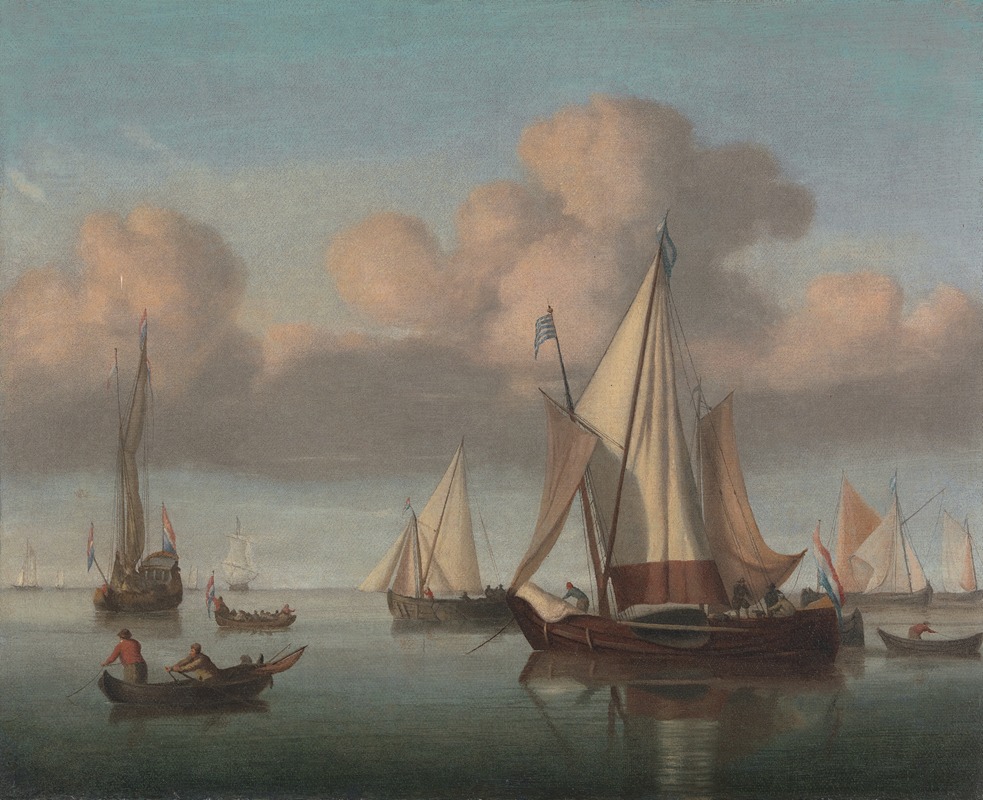 Willem van de Velde the Younger - A Kaag at Anchor with Sails Hoisted and a State Yacht and Other Vessels