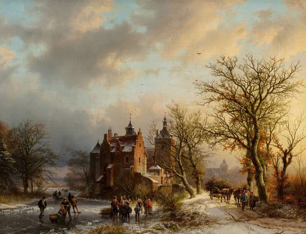 Barend Cornelis Koekkoek - Winter landscape with wood gatherers and skaters