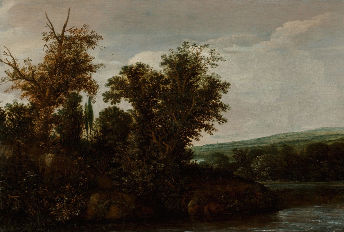 Hendrik Cornelisz. Vroom - A wooded river landscape with a horseman, circa