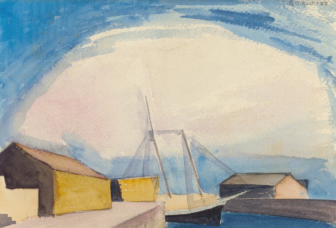 George Copeland Ault - Sailboat (Lumber Schooner and Wharves)