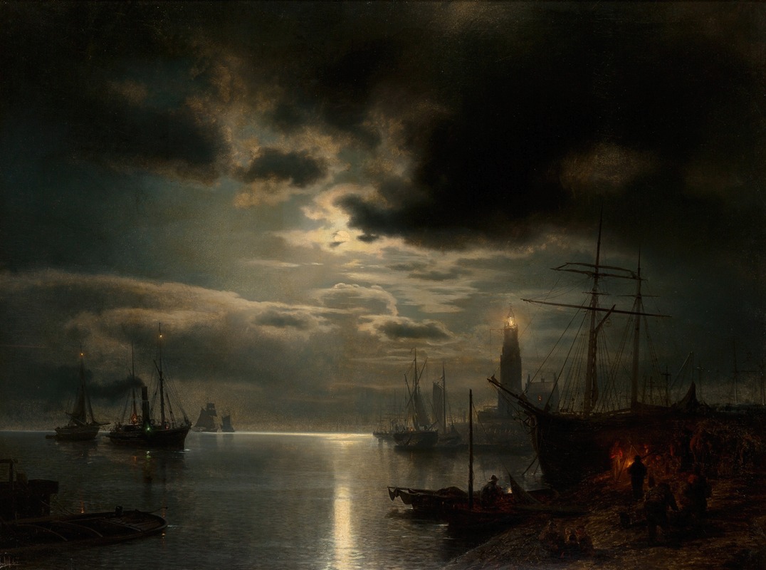 A Moonlit Harbor by Hermann Ottomar Herzog - Artvee