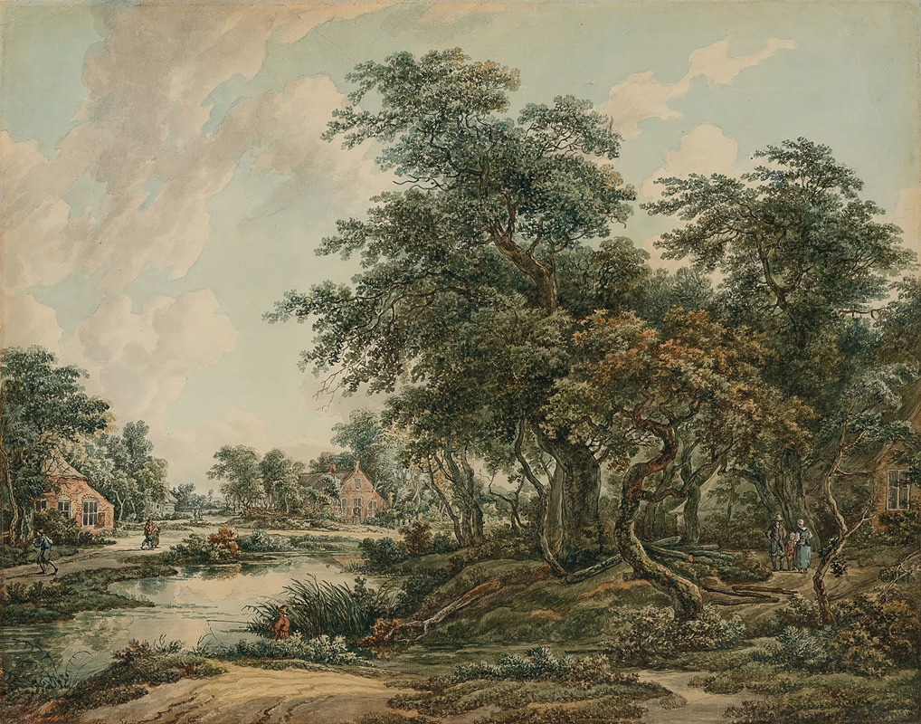 Jacob van Strij - Paysage arboré avec figures et maisons au bord du rivage