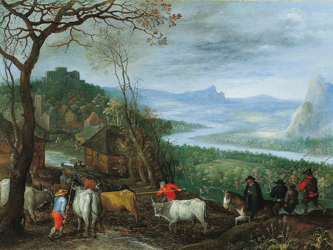Jan Brueghel The Elder - A landscape with herdsmen driving cattle to a village