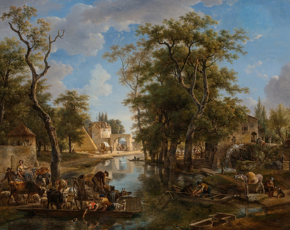 Jean-Louis Demarne - A lively canal scene with ferries and boats conveying townspeople and animals