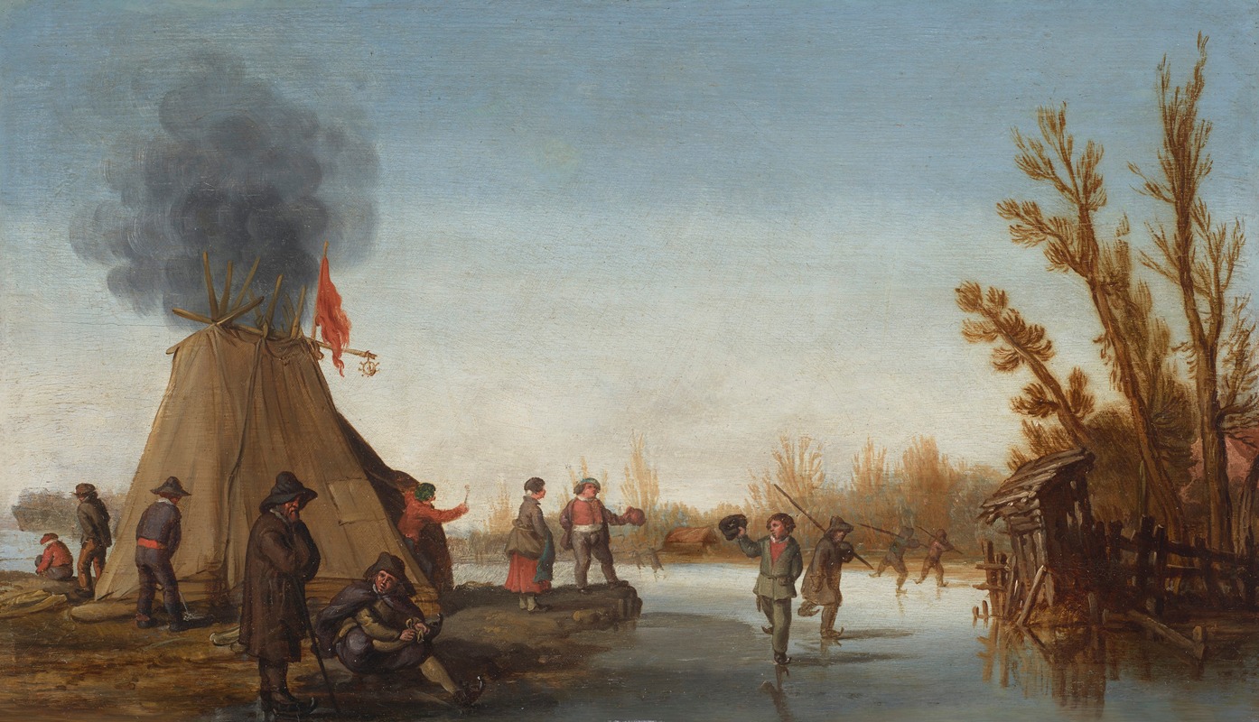 Joost Cornelisz Droochsloot - Skaters on a frozen canal with a koek-en-zopie tent