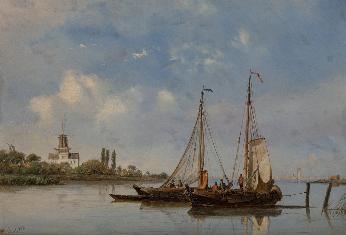 Petrus Paulus Schiedges - Moored fishing boats with windmills in the background