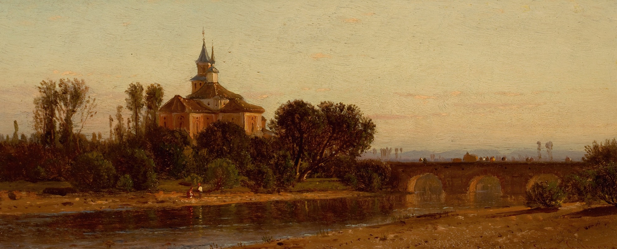 Samuel Colman - European River View with Bridge and Church