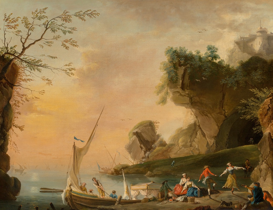 School Of Charles François Lacroix - A Mediterranean coastal landscape with boats and figures