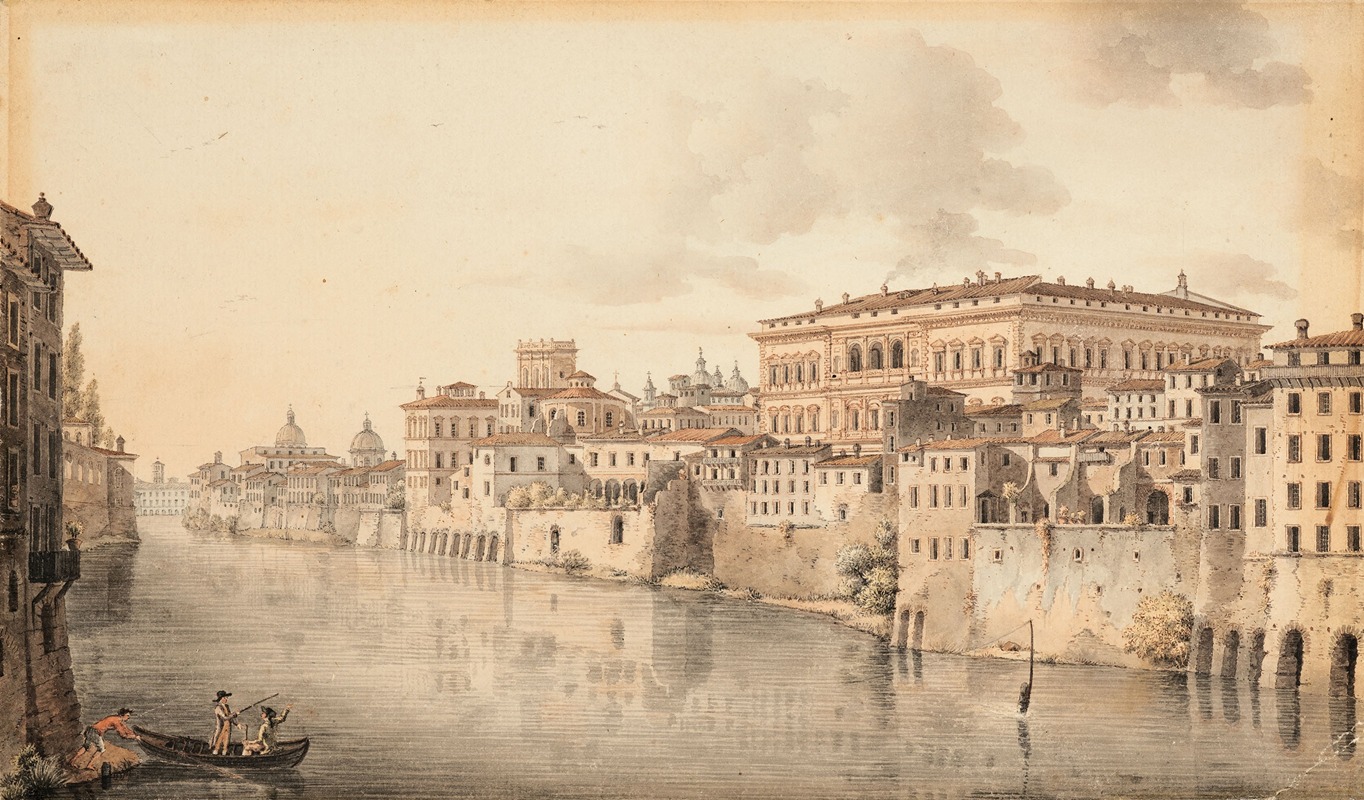 Victor-Jean Nicolle - Le Palais Farnèse vu depuis les quais du Tibre à Rome