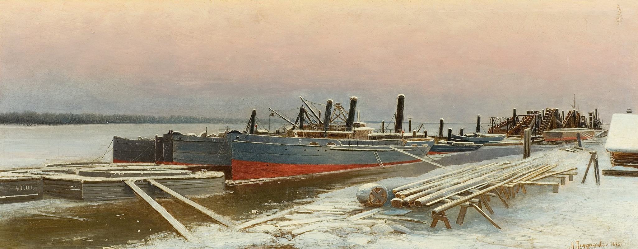 Mikhail Pomeranzev - Boats at Dock in Winter