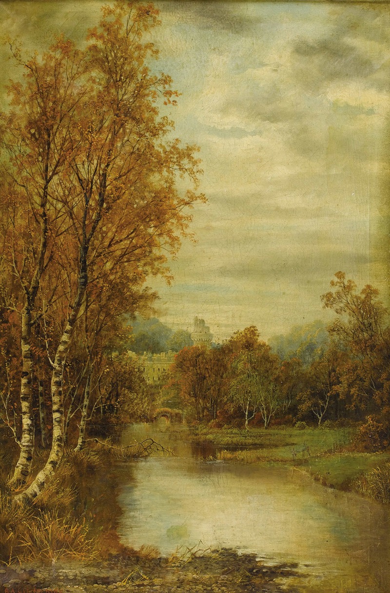 Alfred Augustus Glendening - Autumn Landscape With Pond And Castle Tower