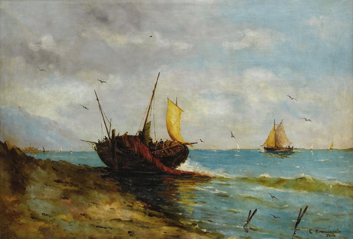 Carlo Brancaccio - Coastal View with Boats Along the Shore