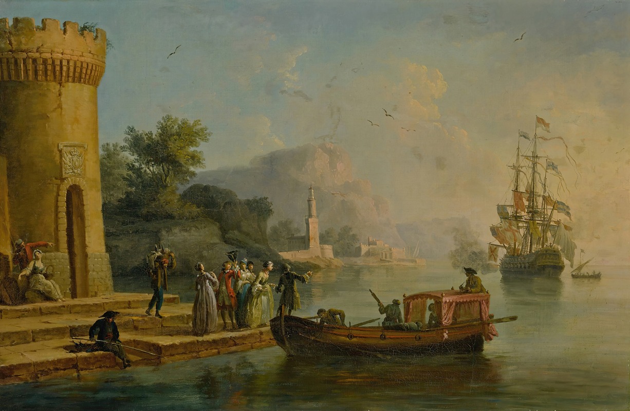 Claude-Joseph Vernet - View of a Mediterranean port with a group of figures on the shore’s edge, a large ship beyond