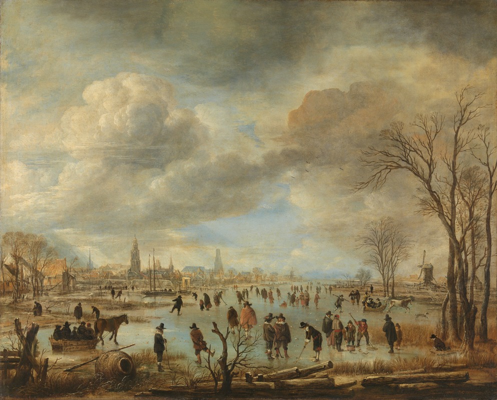 Aert van der Neer - Winter Landscape near a Town with Kolf Players and Horse-Drawn Sleighs