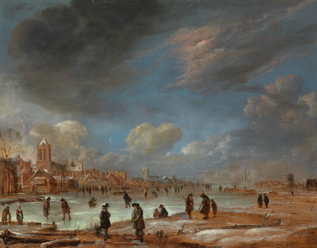 Aert van der Neer - Winter Landscape near a Town with Kolf Players