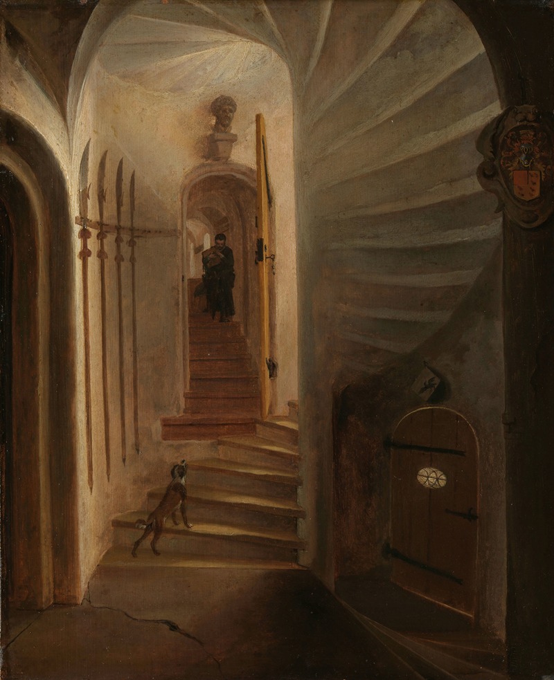 Egbert van der Poel - Portal of a stairway tower, with a man descending the stairs; presumably the moment before the assassination of William the Silent in the Ptinsenhof, Delft