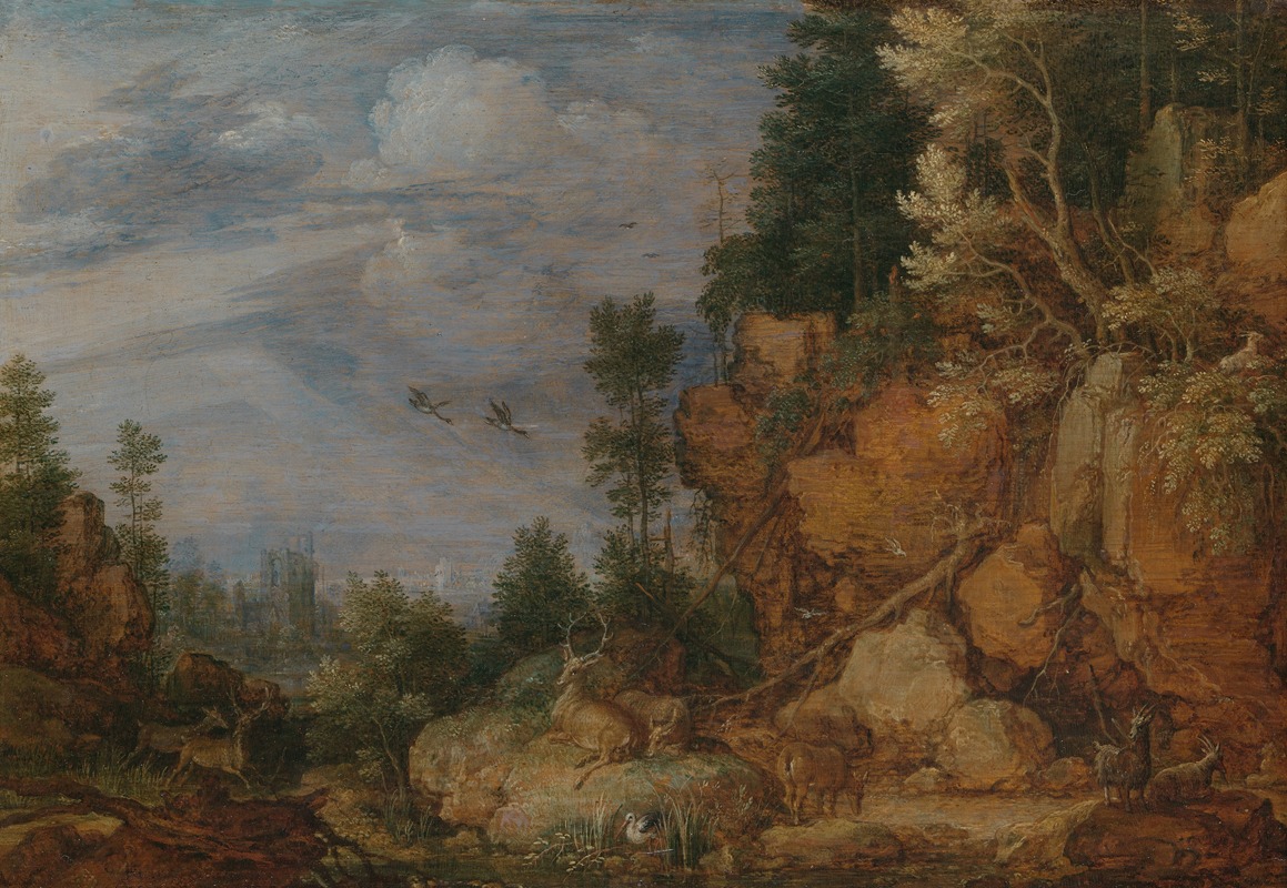 Gillis Claesz. de Hondecoeter - Rocky Landscape with Deer and Goats