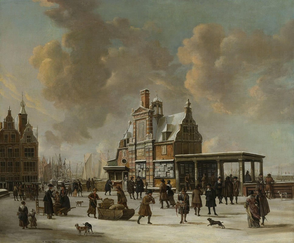 Jan Abrahamsz Beerstraaten - The Paalhuis and the Nieuwe Brug, Amsterdam, in the Winter