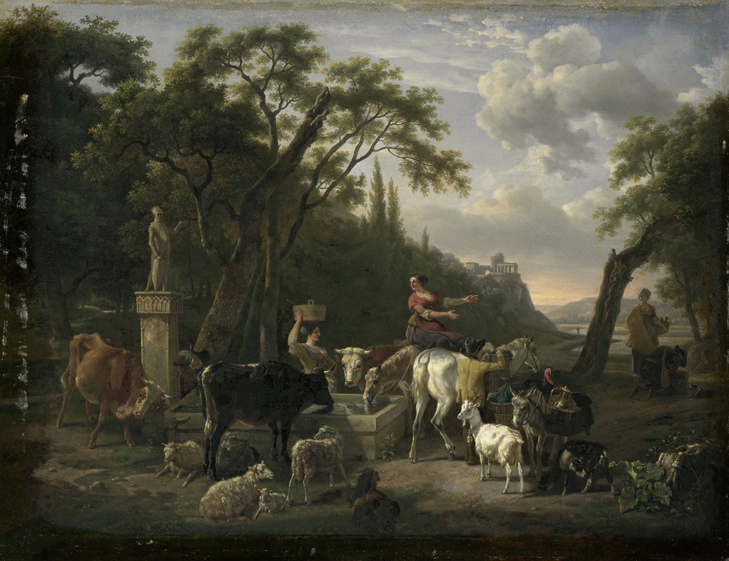 Jean-Louis Demarne - Italian Landscape with Shepherds and Animals at a Fountain