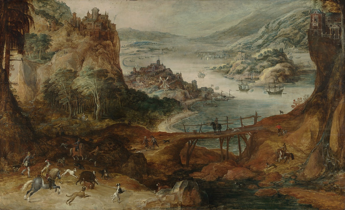 Joos de Momper - River Landscape with Boar Hunt
