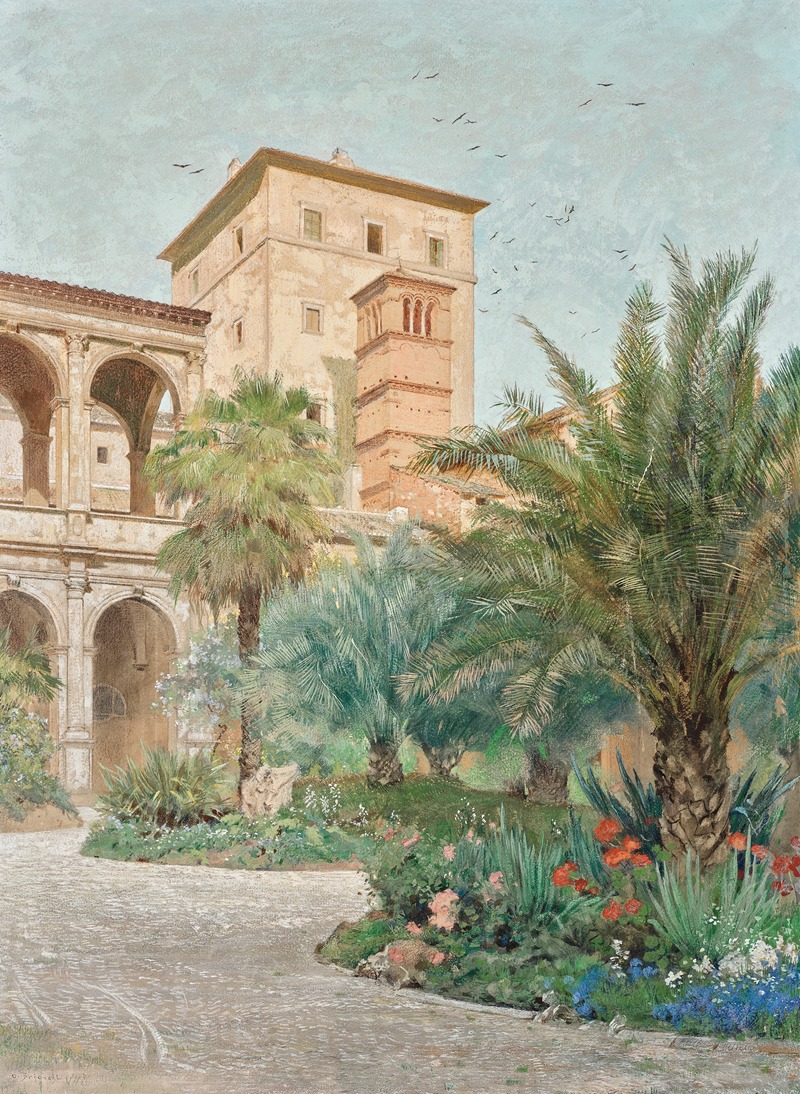 Othmar Brioschi - Vedute der Botschaft in Rom; Garten mit Blick auf Bogengänge