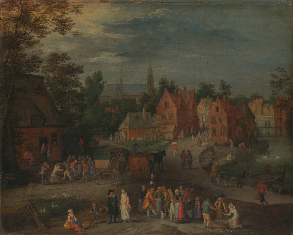 Peeter Gijsels - Village with a Puppeteer Entertaining a Small Crowd