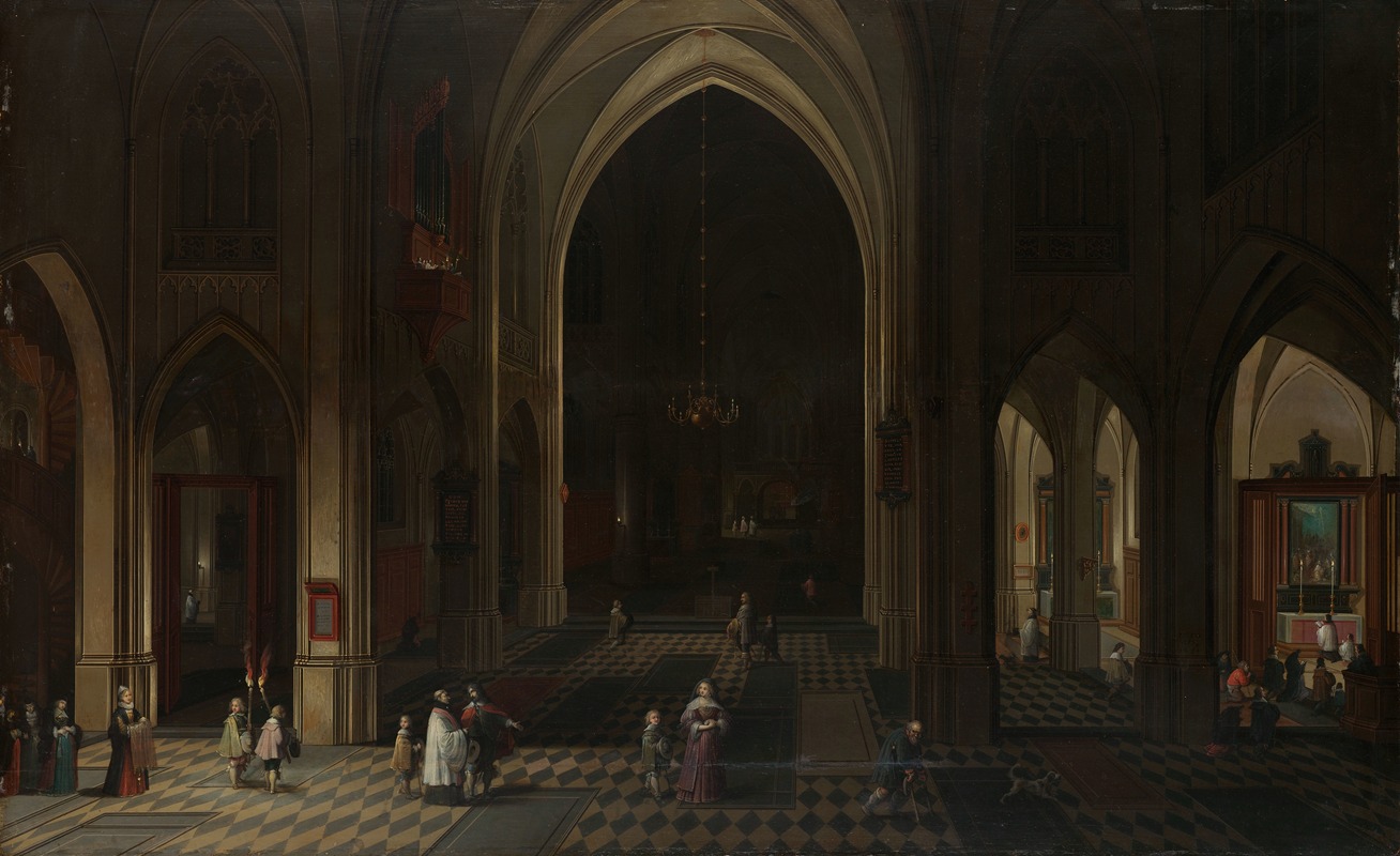 Pieter Neeffs the Elder - Interior of a Gothic Church at Night Looking East