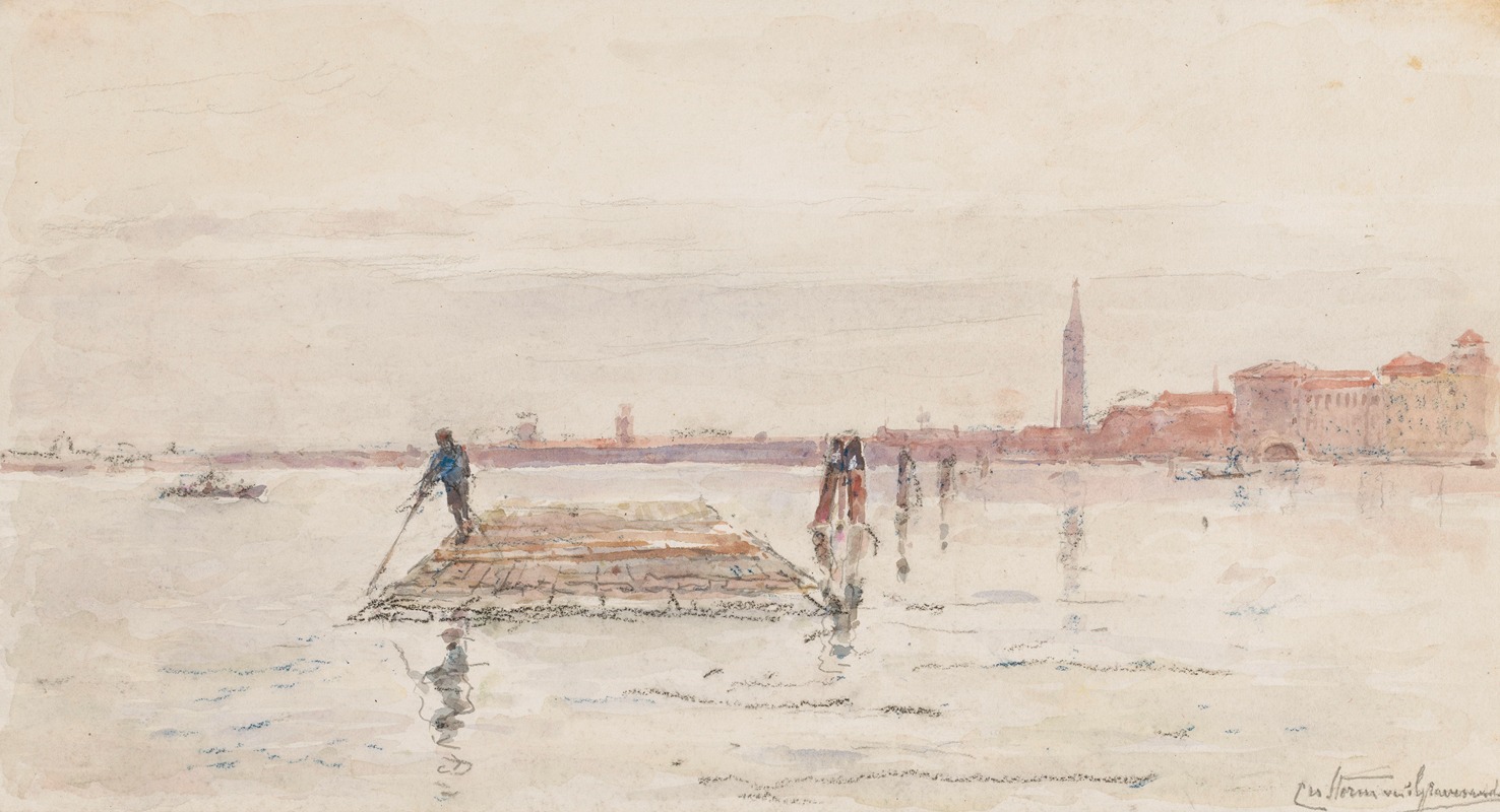 Carel Nicolaas Storm van 's-Gravesande - Gezicht op Venetië vanaf het water, met op de voorgrond in het water een houten vlot