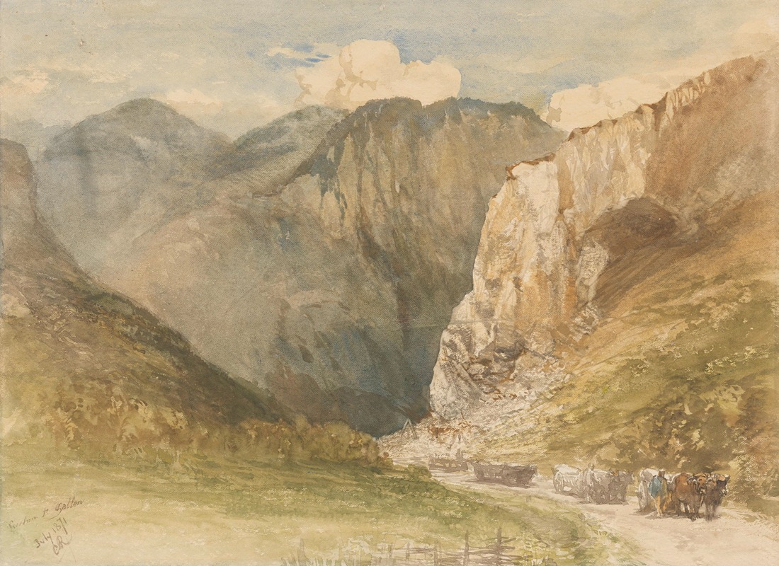 Charles Rochussen - Ossenkarren op een weg tussen de bergen in het kanton Sankt Gallen