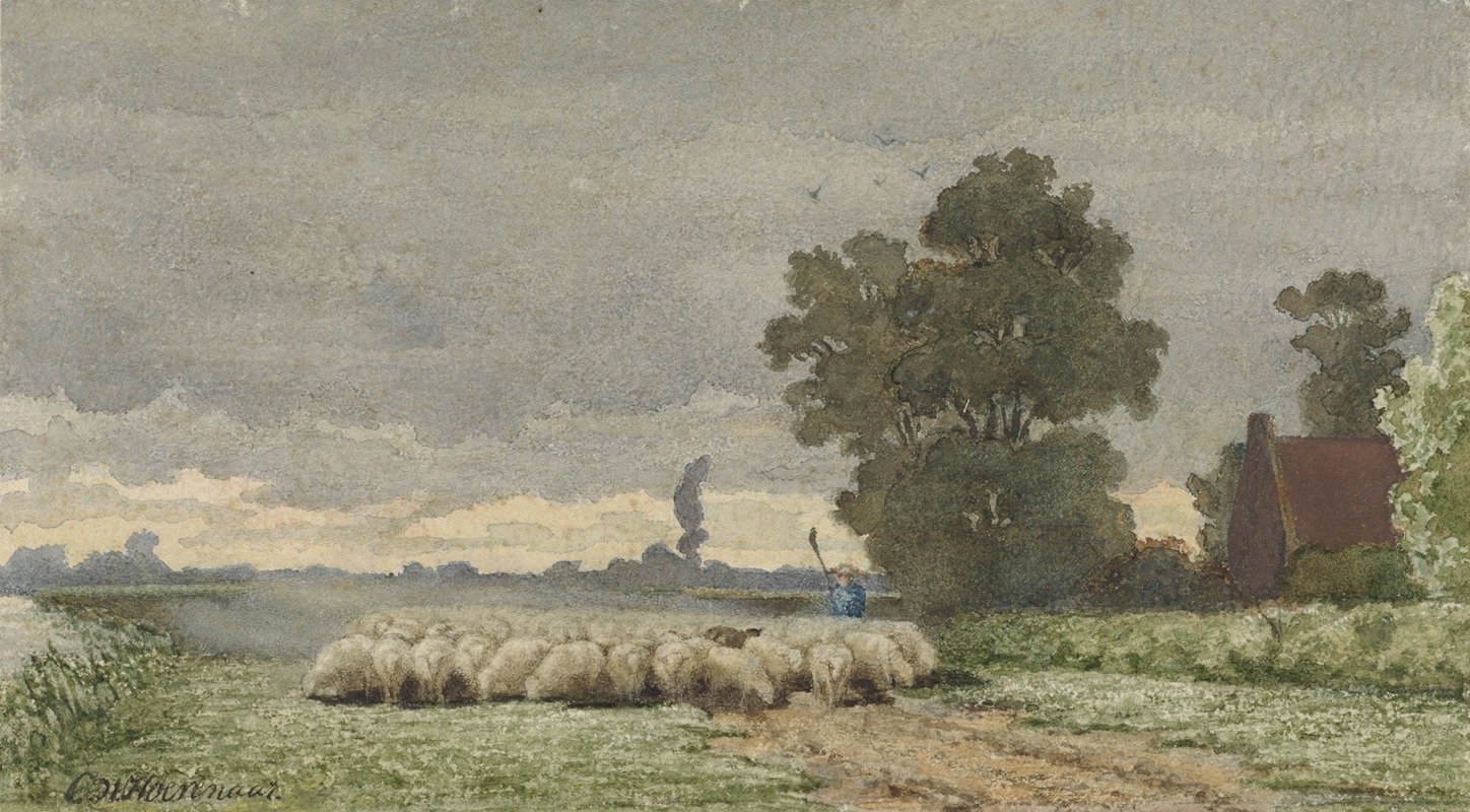 Cornelis Willem Hoevenaar II - Landschap met kudde schapen