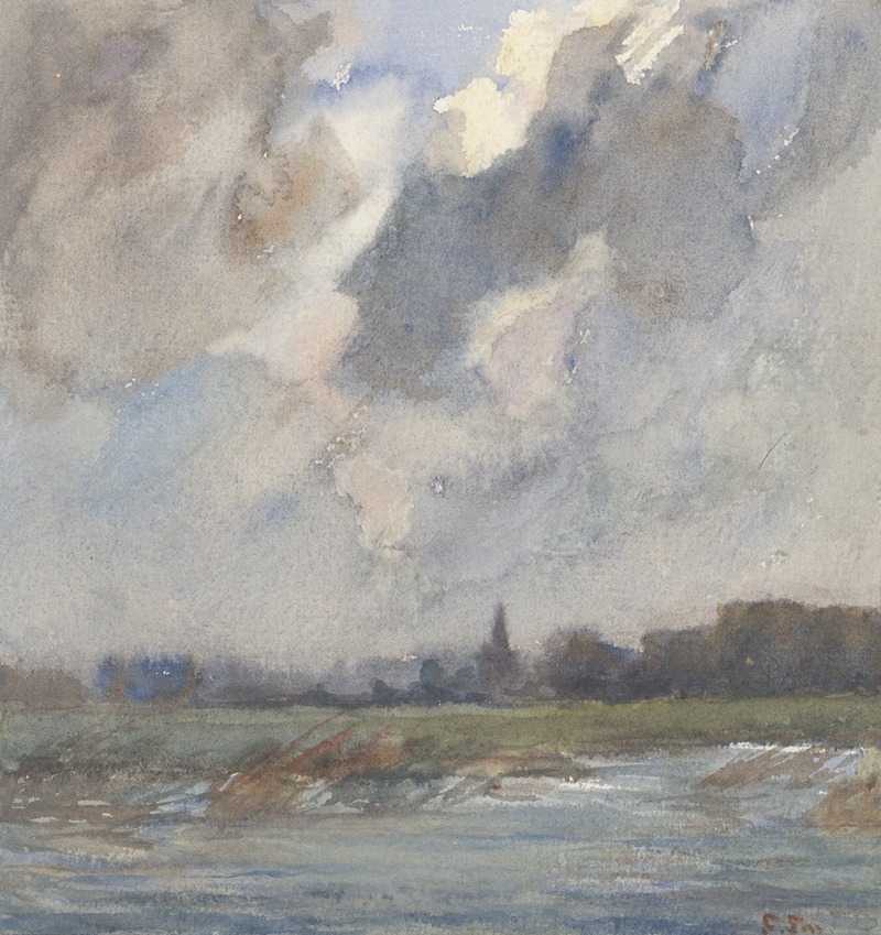 Frans Smissaert - Rivierlandschap met kerktoren, bij storm