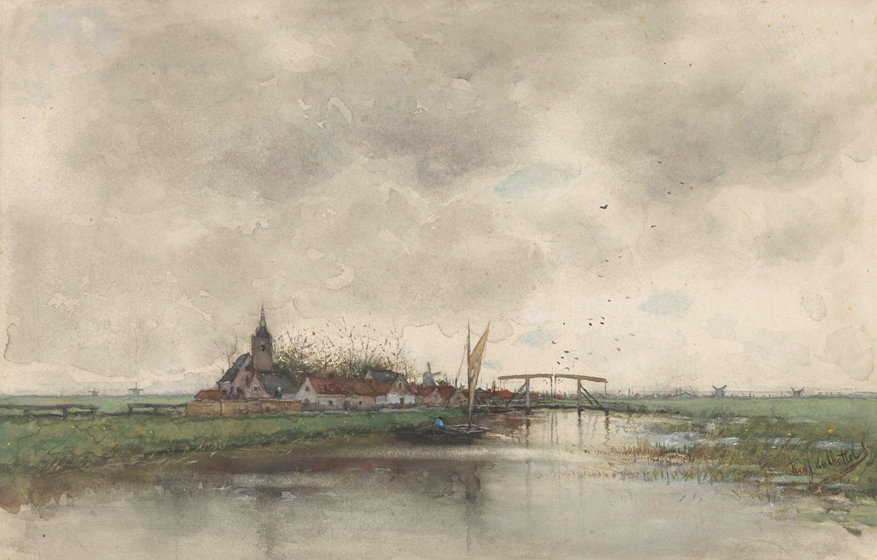 Fredericus Jacobus van Rossum du Chattel - Rivierlandschap met gezicht op een dorp