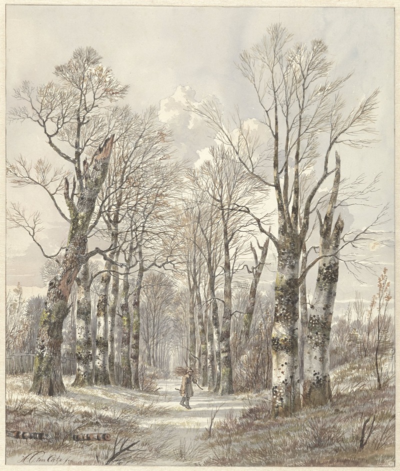 Hendrik Gerrit ten Cate - Winterlandschap met houtsprokkelaar op bospad