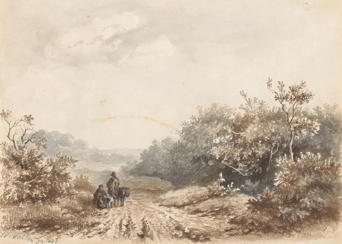 Hendrik Valkenburg - Landschap met een familie, een schaap en een hond