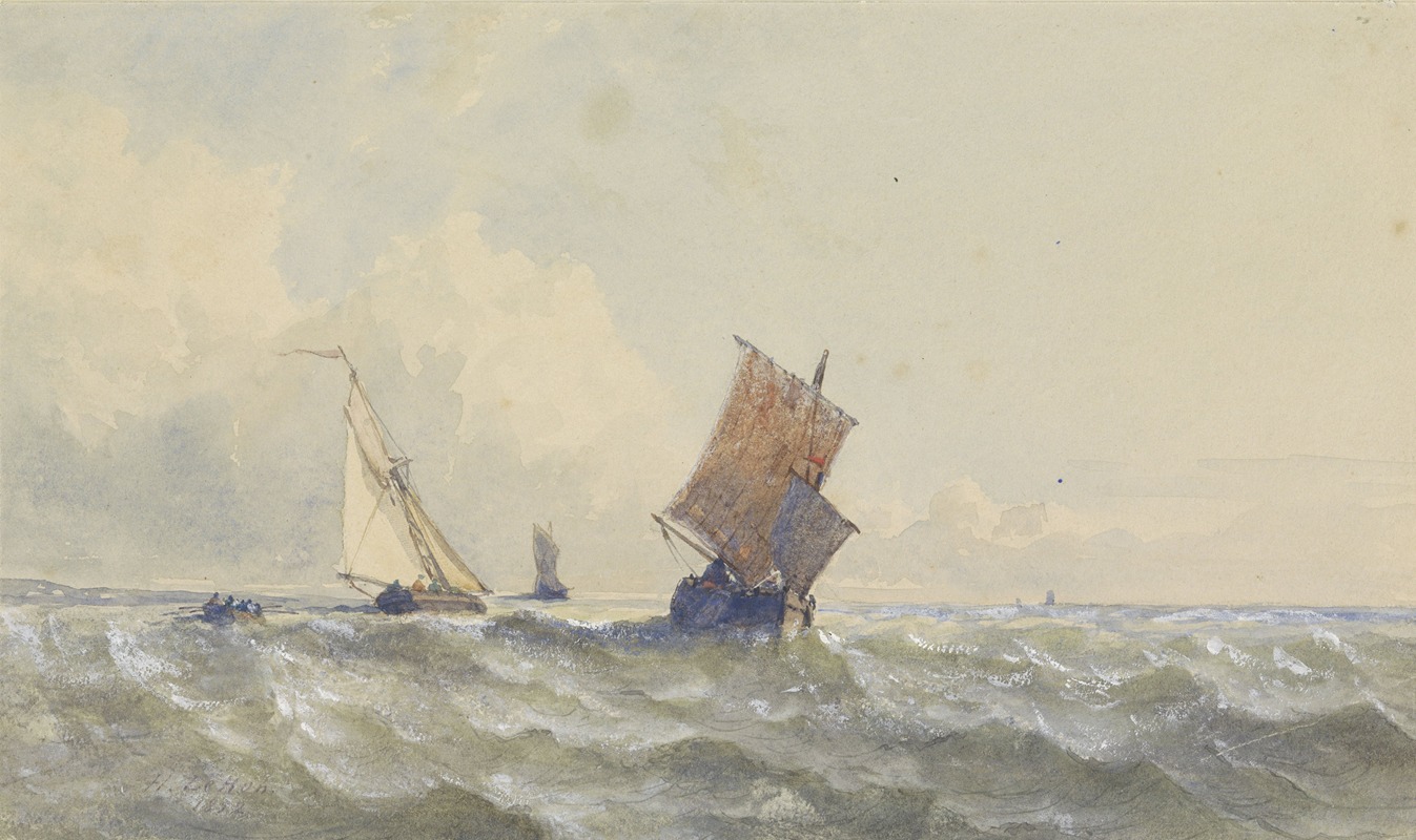 Henri Le Hon - Gezicht op volle zee, waarop drie zeilschepen