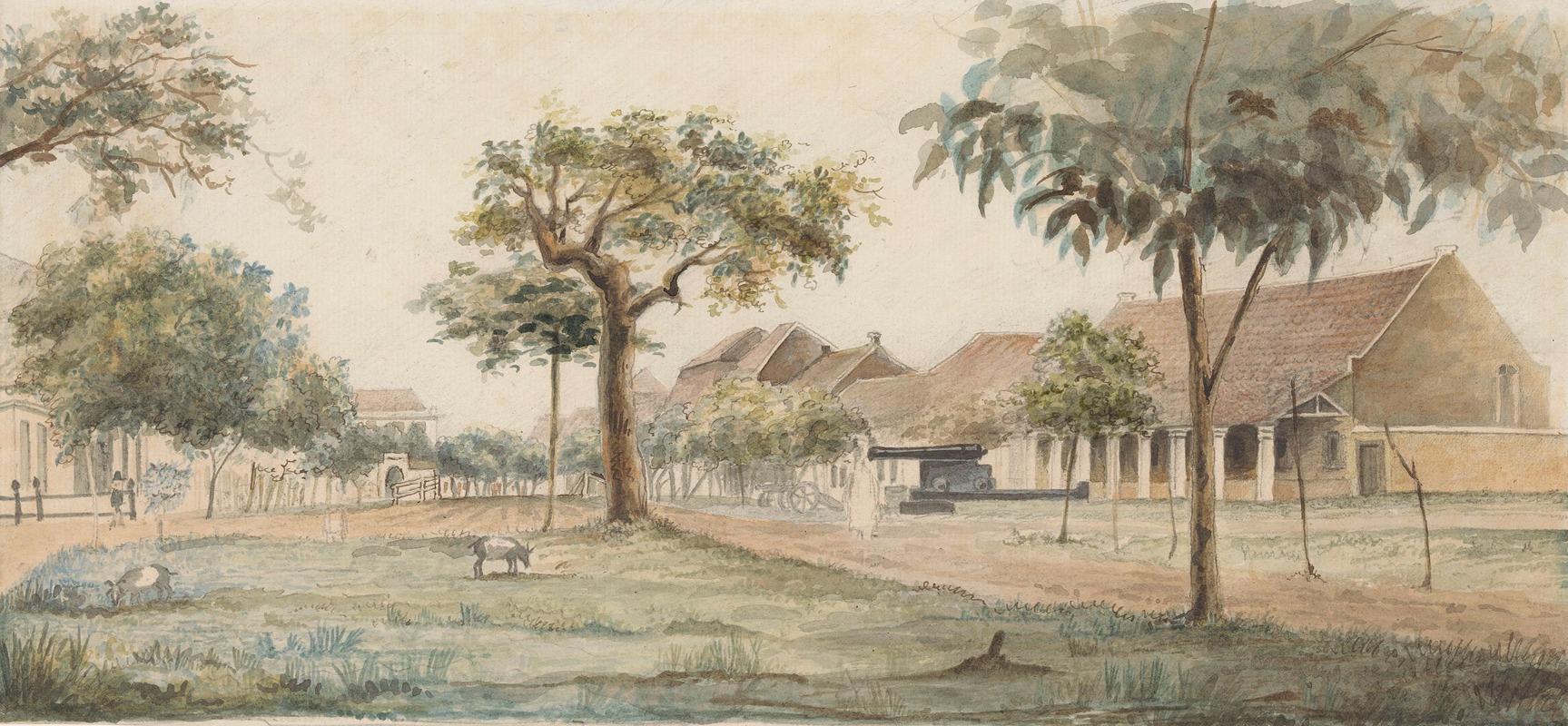 J. G. van der Does - Gezicht op een Nederlandse nederzetting in Indonesië, J. G. van der Does