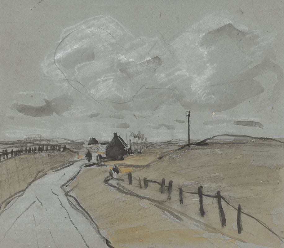 Jan van Essen - Gezicht langs een weg met hoge bermen en hekjes