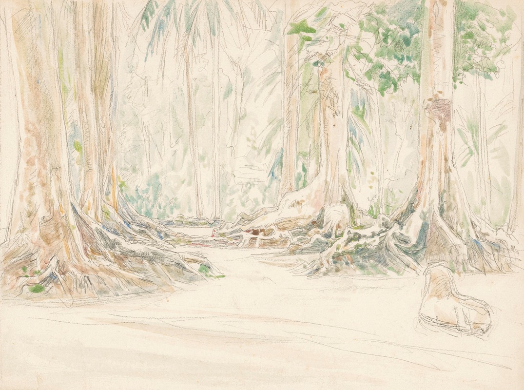 Jan Veth - Gezicht tussen bomen in Indisch woud
