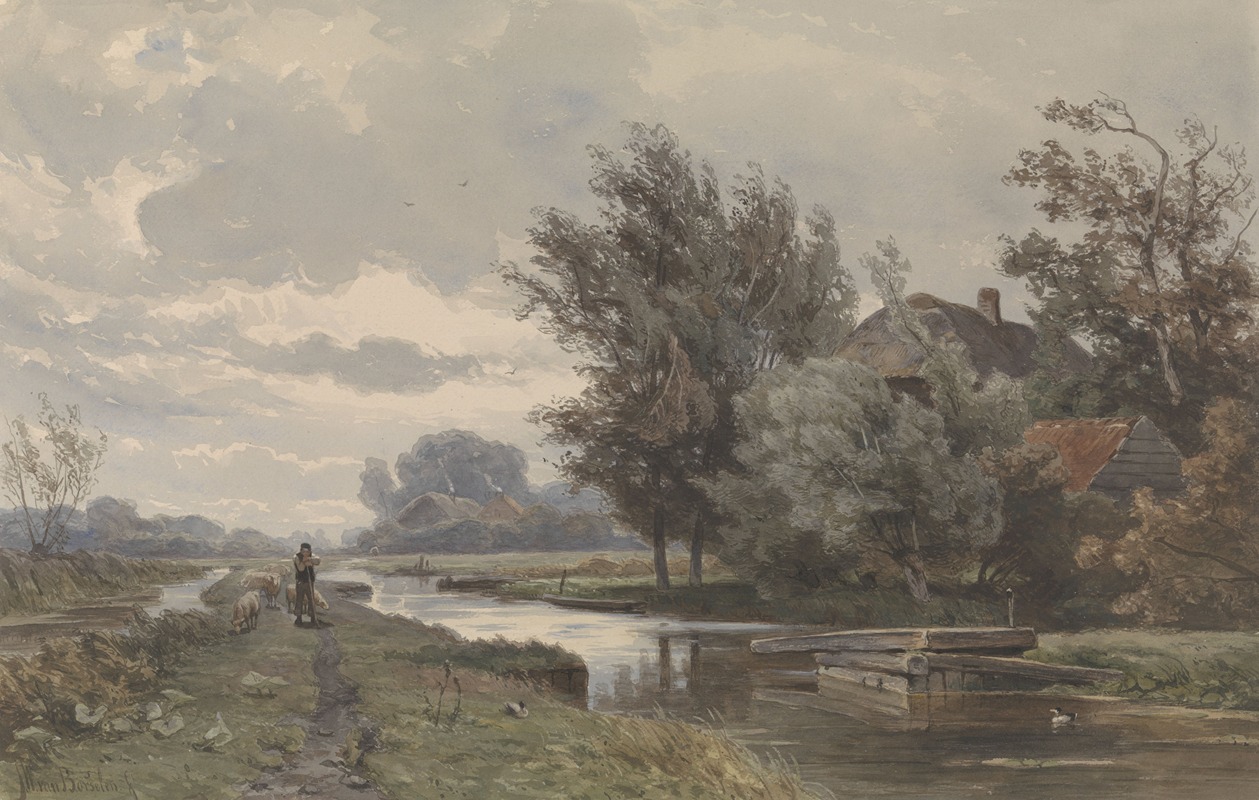 Jan Willem van Borselen - Herder met schapen bij boerderij aan water