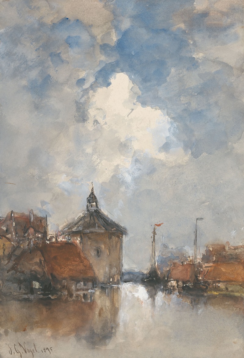 Johannes Gijsbert Vogel - Havengezicht met schepen en een ronde toren