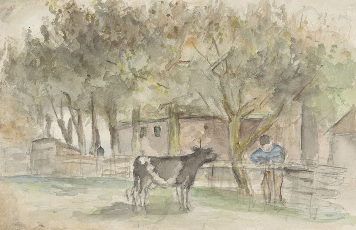 Jozef Israëls - Landschap met een koe en een boer
