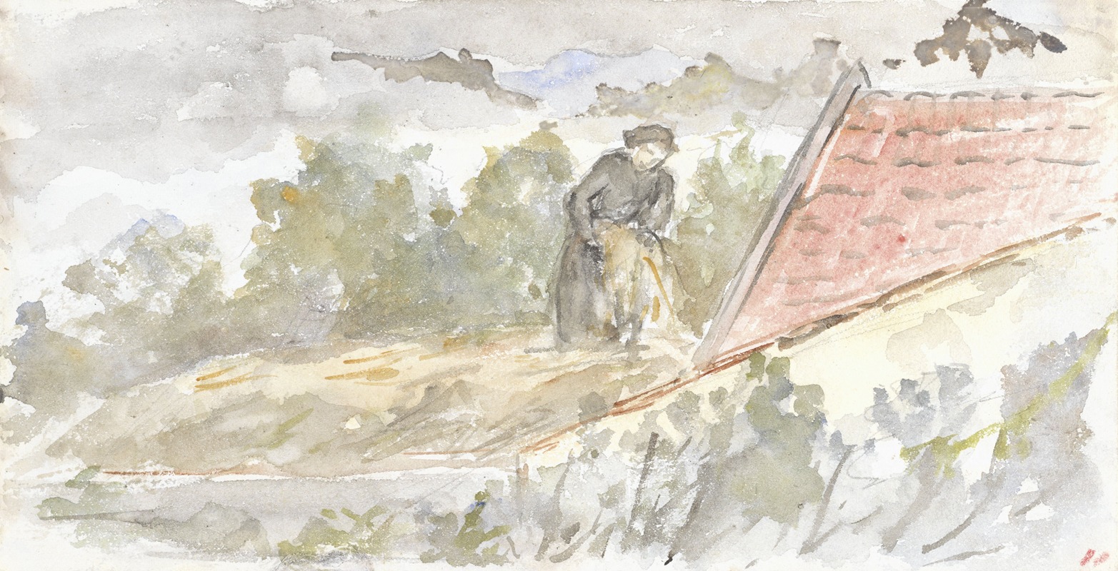 Jozef Israëls - Landschap met vrouw en dak van een huis