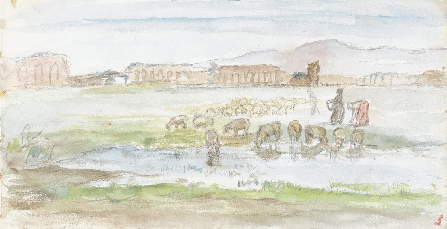 Jozef Israëls - Vlakte met schapen, op de achtergrond ruïnes van een aquaduct