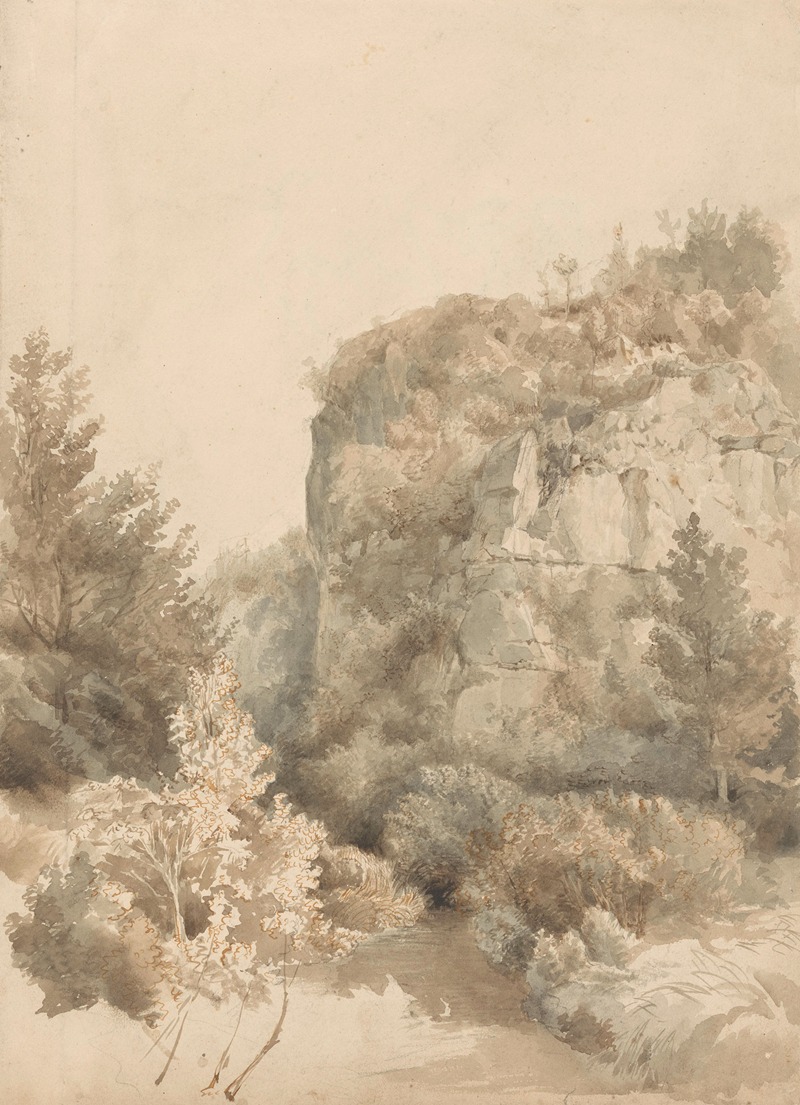 Lodewijk Johannes Kleijn - Begroeid dal met een hoge rots en een beek
