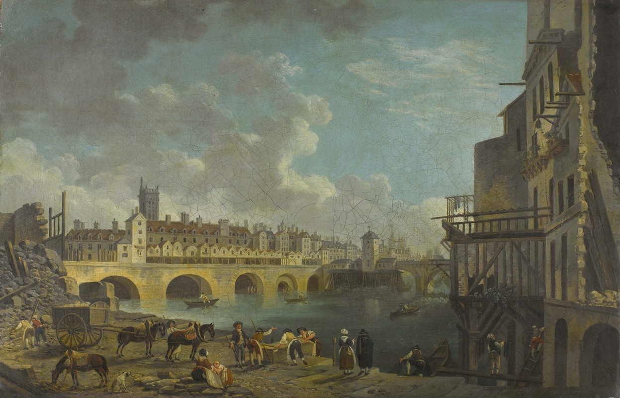 Pierre-Antoine Demachy - Vue du quai de Gesvres au moment de la démolition des maisons du pont au Change