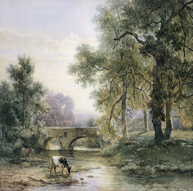 Willem Roelofs - Boomrijk landschap met stenen brug over een rivier