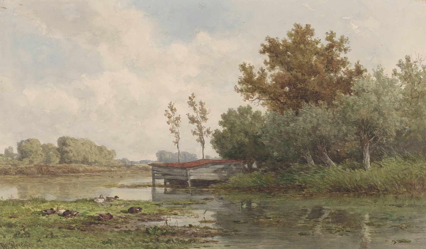 Willem Roelofs - Landschap met water en eenden