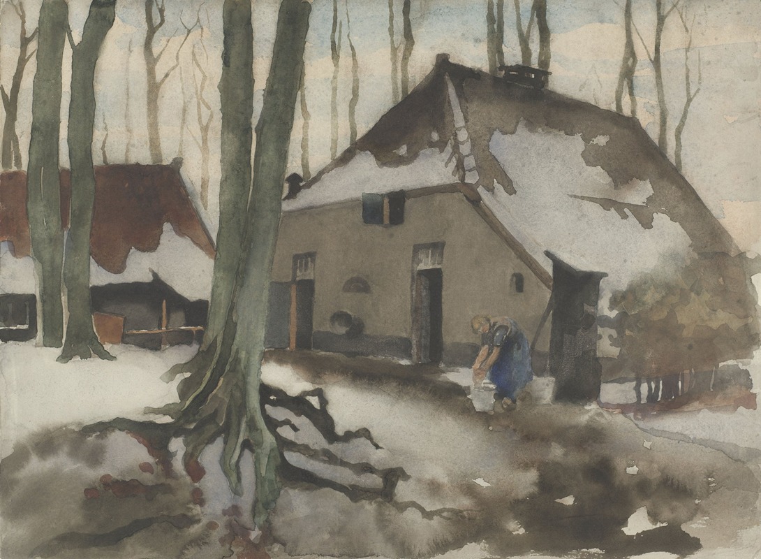 Willem Witsen - Vrouw voor een huis in een besneeuwd bos