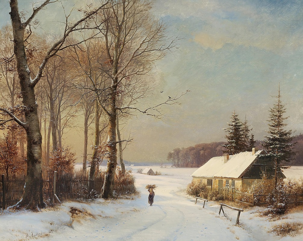 Anders Andersen-Lundby - Vinterlandskab med kone på en landevej ud for et hus